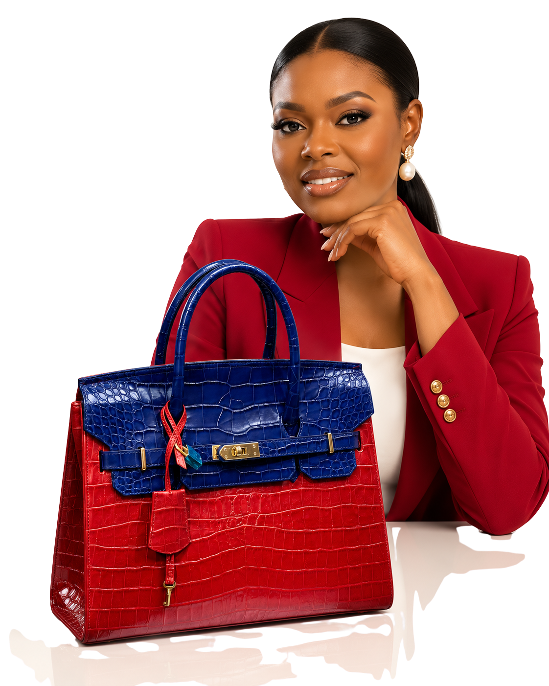 Woman in a red tailored blazer with the CHRISBEK’S red and navy croc-embossed leather handbag